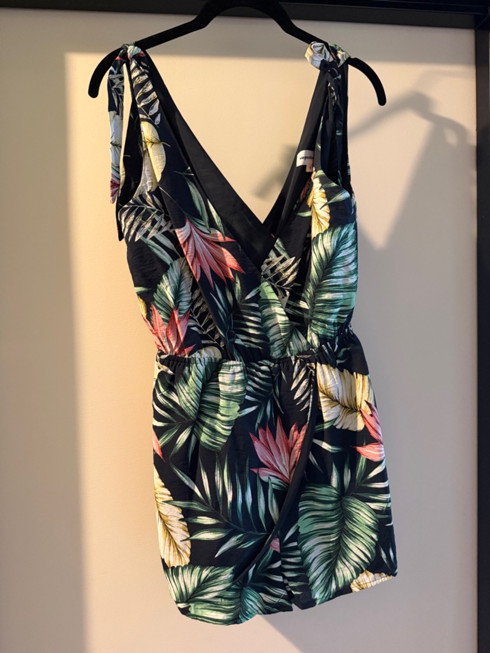 superdown Black Tropical Leaf Print Romper with Green, Pink & Yellow Accents